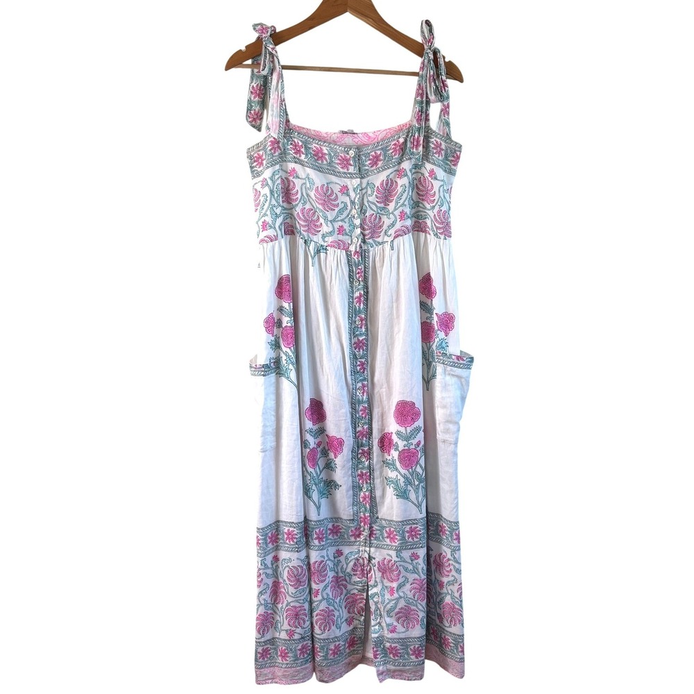 Juliet Dunn Floral Block Print Dress White Pink Womens 3 Midi Tie Strap Pockets